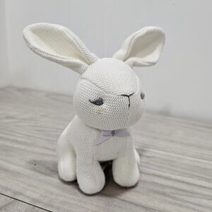 Janie and Jack White Knit Bunny Rabbit Plush Purple Bow STAIN Sitting Rattle